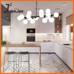 Goldoma white chandelier illuminating a cozy living room corner with soft LED glow and glass reflections.