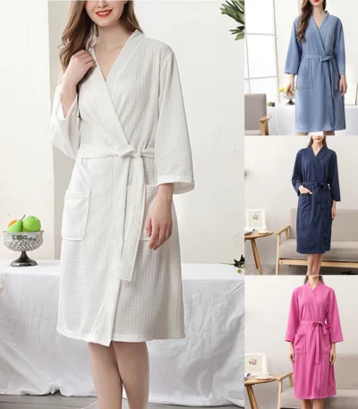 Women Water Absorption Bath Robe Solid Waffle Bathrobe Spa Home Dress Nightgown