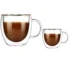 Double wall glass mug with handle holding hot coffee, showing insulation and clear glass design