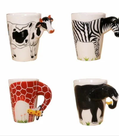 High quality Ceramic 3D Mug,coffee milk puer tea mugs 3D animal shape Hand painted animals Giraffe Cow Monkey cup gift