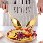 Big Salad Spoon Fork Set Stainless Steel Kitchen Food Server Pasta Utensils Public Gold Tableware Using Buffet Restaurant Tools - Image 2