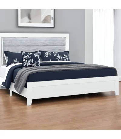 Goldoma LED full bed frame with ribbed upholstery in white and light gray, featuring integrated headboard lighting in a modern bedroom setting