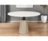 48-inch round pedestal dining table with white marble top and natural wood pedestal base in a modern dining room