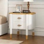 Curved 2-drawer nightstand with metal feather handles and exposed legs in white