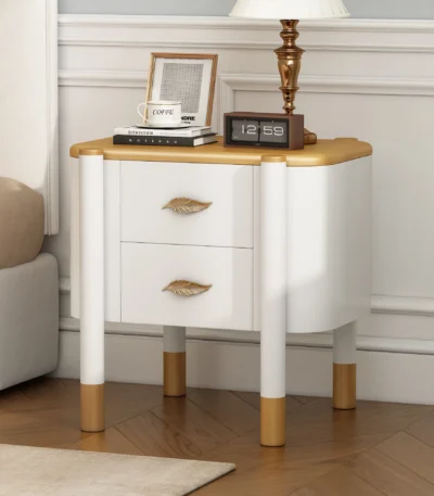 Curved 2-drawer nightstand with metal feather handles and exposed legs in white