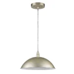 HMS modern industrial Scandinavian hanging light with dome shade in warm white, suspended over a wooden dining table.