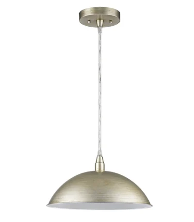HMS modern industrial Scandinavian hanging light with dome shade in warm white, suspended over a wooden dining table.