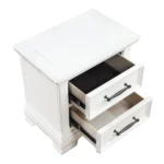 White 2-drawer nightstand with black handles made of durable wood, a classic bedside table for bedroom storage