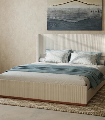 Goldoma queen size solid wood upholstered bed frame with cream corduroy wingback headboard in a modern bedroom