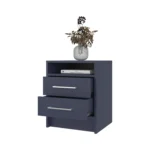 Kronos Blue nightstand with two drawers and open shelf in a modern bedroom setting.
