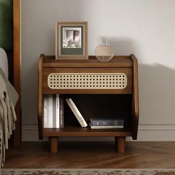 Walnut Nightstand with Rattan Detail - Modern Bedroom Storage