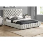 Goldoma modern queen bed with tufted headboard in eco-friendly gray fabric