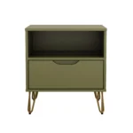 Olive green nightstand with drawer and open shelf featuring modern metal legs in a bedroom setting