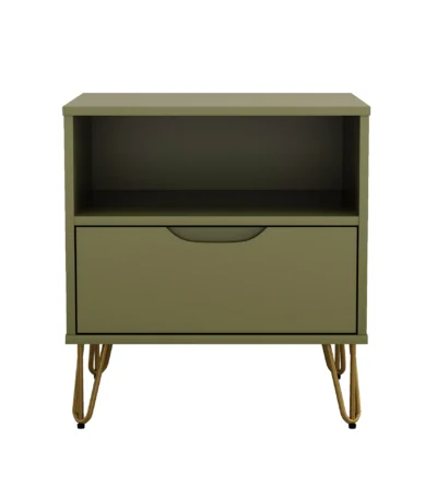 Olive green nightstand with drawer and open shelf featuring modern metal legs in a bedroom setting