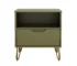 Olive green nightstand with drawer and open shelf in a modern bedroom