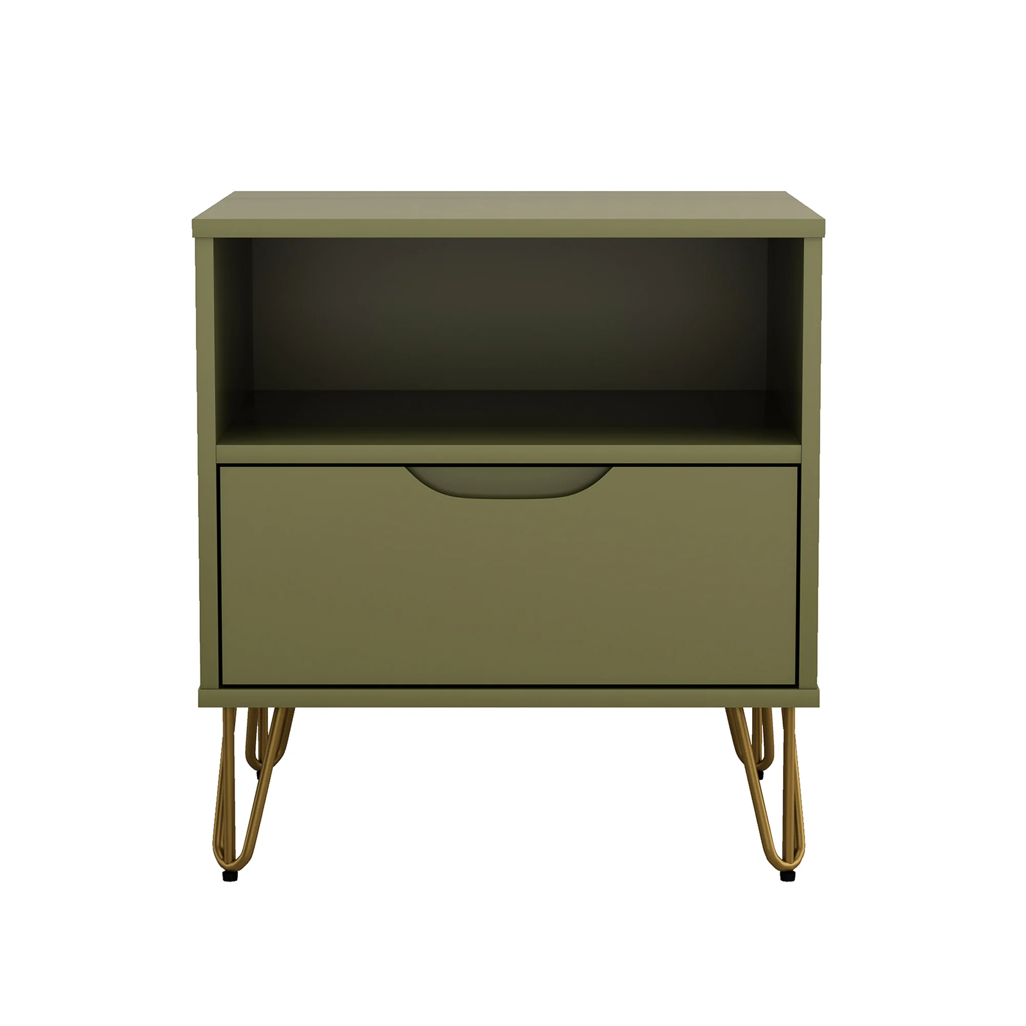 Ha0c11a476ad54f52994de2c58578a5e7m.webp Olive green nightstand with drawer and open shelf featuring modern metal legs in a bedroom setting