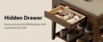 Mid-century shoe storage bench with memory foam cushion and hidden drawer in natural wood finish