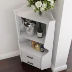 Wooden Corner bar Cabinet with 2 Open Storage Shelves and 2 Drawers Mirrored Back Sideboard Cabinet High Feet Legs - Image 16