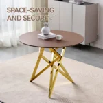 37 inch round dining table with golden metal legs in antique walnut finish for 4 people