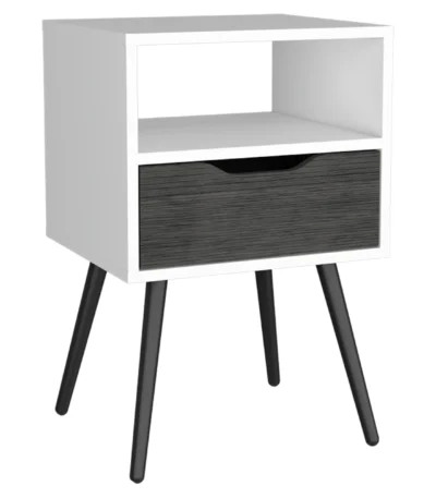 Smokey oak white nightstand with one drawer and open shelf, minimalist design for small spaces