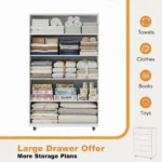 White 5-Drawer Dresser with Wheels – Modern Mobile Storage Cabinet – styled in a modern Living setting
