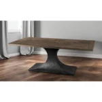 79-inch pedestal dining table with brown solid wood top and black metal base elegant design