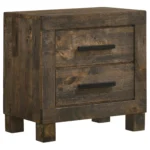 Rustic golden brown 2-drawer nightstand with metal lamp and books on top for bedroom storage