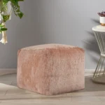 Beige chenille cube pouf ottoman 18-inch foldable square stool in modern living room