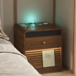 Smart nightstand with charging station and LED lights in a bedroom setting