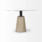48 inch white marble pedestal dining table with natural wood base and black metal bracket in modern dining room