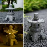 Solar pagoda lantern garden statue with gray stone finish and warm LED glow