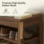 Mid-century shoe storage bench with memory foam cushion and hidden drawer in natural wood finish