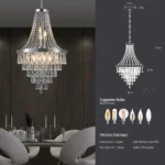 Modern crystal chandelier in chrome finish with clear K9 crystals hanging over a dining table