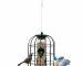 Green stainless steel weatherproof bird feeder hanging in a garden with wild birds