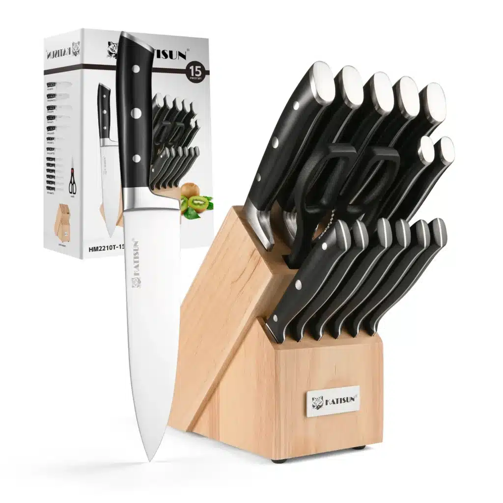 15 Pieces High Carbon Steel Kitchen Knife Set with Real Wooden Stand, Inner Sharpener, and Kitchen Scissors
