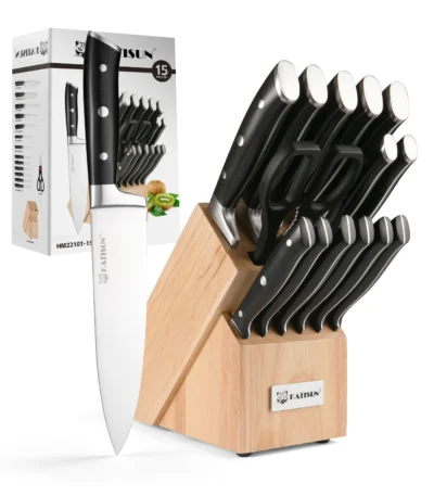 15 Pieces High Carbon Steel Kitchen Knife Set with Real Wooden Stand, Inner Sharpener, and Kitchen Scissors
