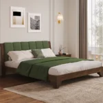 Goldoma eco-friendly king bed frame with green tufted headboard in a bedroom setting