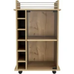 Brown wood rolling bar cart with wine storage and metal shelves