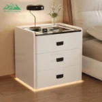 Modern smart nightstand with digital lock, Bluetooth speaker, and wireless charging pad - 3-drawer bedside table in bedroom setting