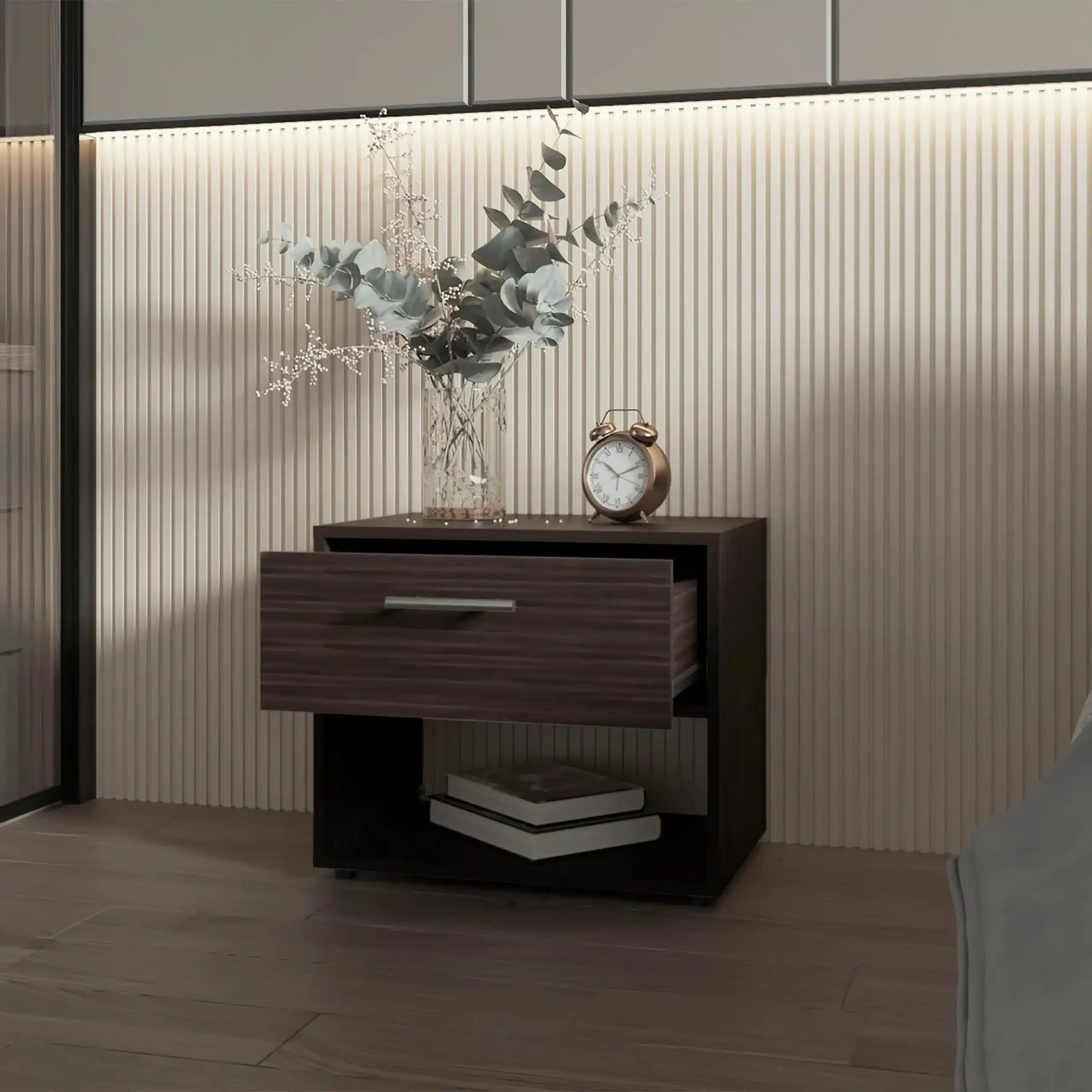 Stained Walnut Nightstand with Drawer and Shelf - Minimalist Bedroom Storage