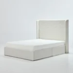 Goldoma queen upholstered wingback platform bed with adjustable 54-inch headboard in oak wood and fabric upholstery