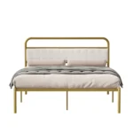 Goldoma Queen Platform Bed Frame with beige upholstered headboard and gold metal frame