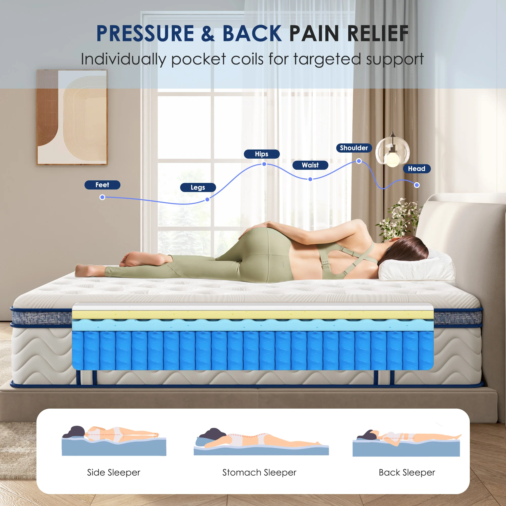 Goldoma Queen Hybrid Mattress 12 Inch – Individually Wrapped Coils & Memory Foam