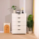 White 5-Drawer Dresser with Wheels – Modern Mobile Storage Cabinet – close-up detail