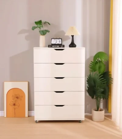 White 5-drawer dresser with wheels modern mobile storage cabinet in bedroom