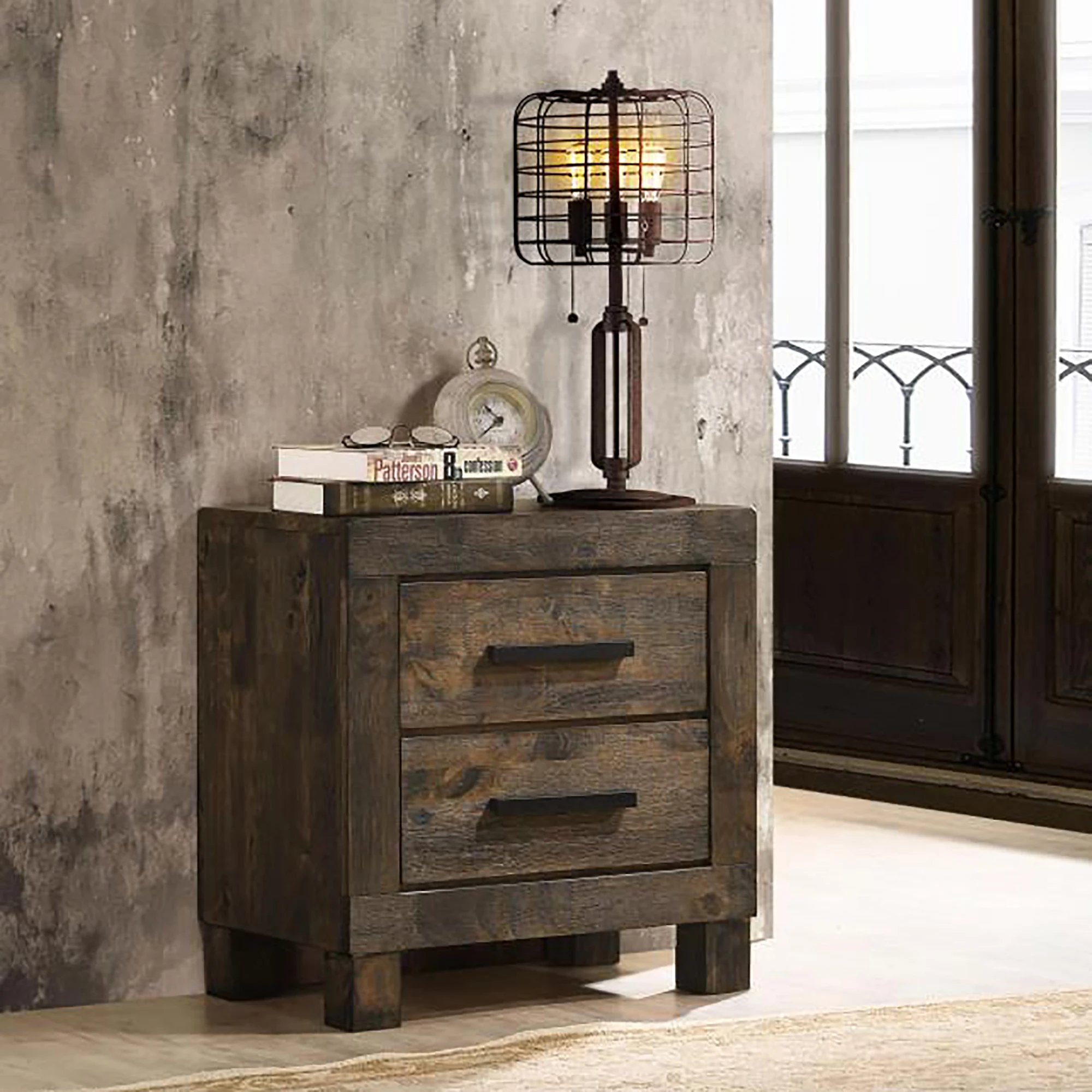 Ha3a5a5388f9e42abbe488b14e86b507e5.webp Rustic golden brown 2-drawer nightstand with metal lamp and books on top for bedroom storage