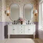 White fully assembled plywood bathroom vanity with double sink, 60 inch, floor standing, in a bright modern bathroom