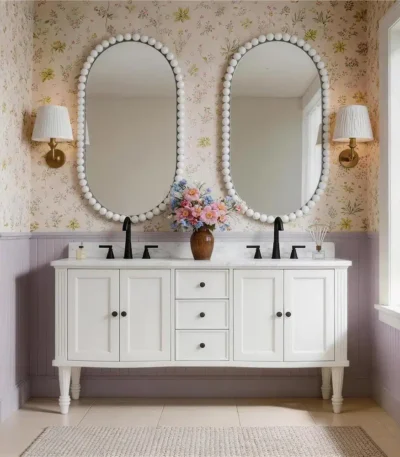 White fully assembled plywood bathroom vanity with double sink, 60 inch, floor standing, in a bright modern bathroom