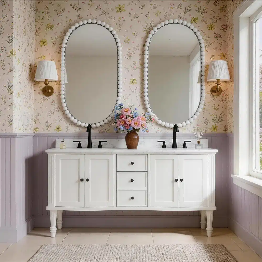 White fully assembled plywood bathroom vanity with double sink, 60 inch, floor standing, in a bright modern bathroom