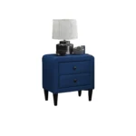 Navy blue velvet nightstand with two drawers and tempered legs, a modern bedroom furniture piece